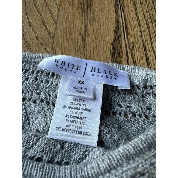 White House Black Market Crochet Silk‎ Cashmere Angora Rabbit Blend Gray Top XS - Picture 2 of 8
